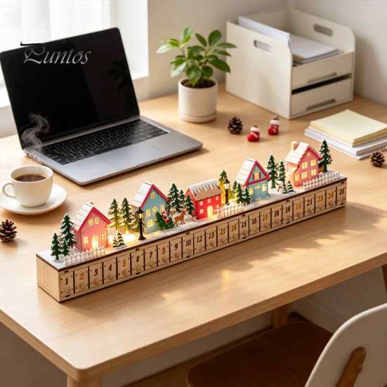 Holiday Countdown Calendar with Drawers Light-Up Wooden Christmas Village Advent Calendar, 24 Illuminated Snowy Cabin Display LED Lighted Scene