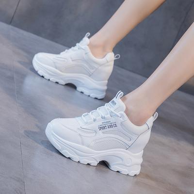 New Little White Shoes Women's Lace-up Slope Heel Inner Height Increase Versatile Sports and Leisure Dad Shoes Women