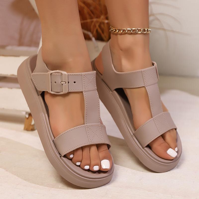 Sandale cu platformă late pentru femei, tip slide - Pantofi de plajă cu toc jos, cu degetele descoperite și baretă la gleznă, Sandale casual de vară cu pană joasă pentru exterior