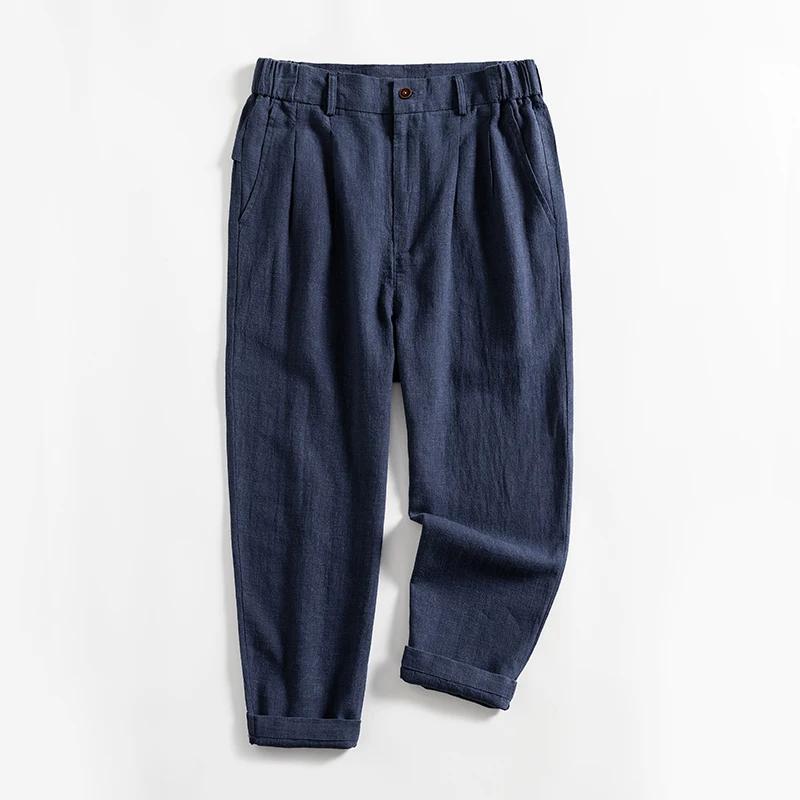 Pantalons Décontractés en Coton et Lin Printemps Été Hommes Couleur Unie Amples Droits Longueur Mollet Style Plage Respirants pour Hommes