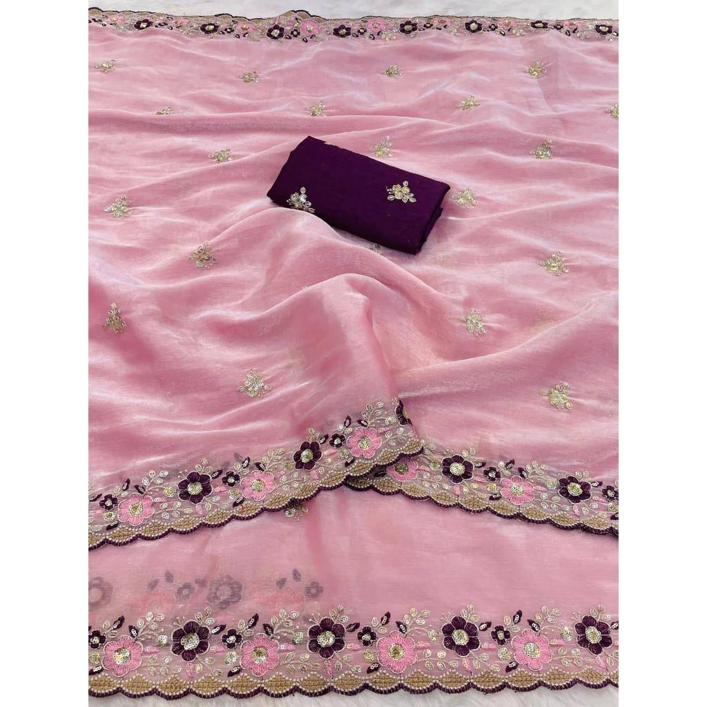 Premium Chiffon mit c Pallu Stickerei und Multi-Fadenarbeit mit Arco-Ausschnitt-Bordüre Saree