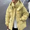 Women's Autumn Winter Down Jacket Short Hooded Single Breasted Loose Adjustable Waist Straight Tube White Duck Down Coat