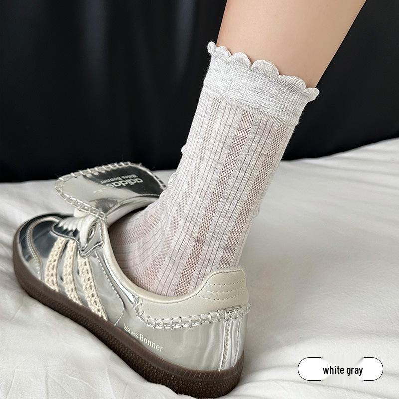 Women's Breathable Cotton Lace Mid-Calf Socks - Soft, Comfortable & Sweat-Absorbent for Commuting.