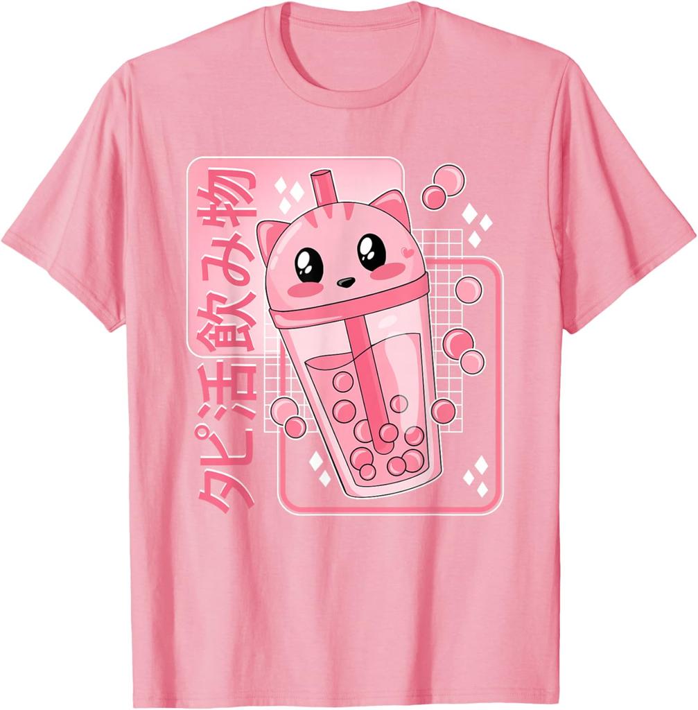 Kawaii Kočka Boba Čajový Nápoj Život Grafické Tričko Japonský Anime Styl Roztomilé Bubble Tea Tričko pro Dívky