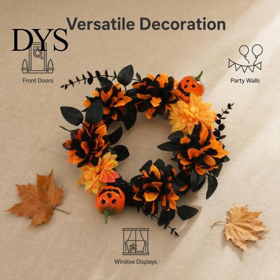 Heim Herbstliche Atmosphäre Dekor Halloween Kranz für Haustür, Künstlicher Herbst Ahornblatt Rose Kürbis Vintage Dunkle Ästhetik Partyzubehör Kranz,