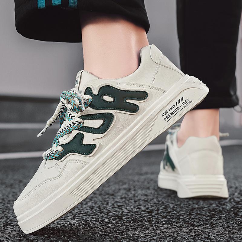 Sports Leather Surface Contrasting Color Breathable Flat Men'S Shoes Low-Top Lace-Up Daily Leisure Work Board Shoes