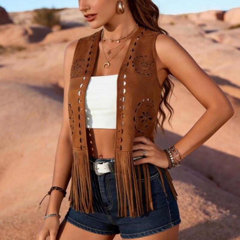 Bohemian Fringe Vest Women's Stylish Outerwear Soft Polyester Cowgirl Western Costume For Everyday Wear