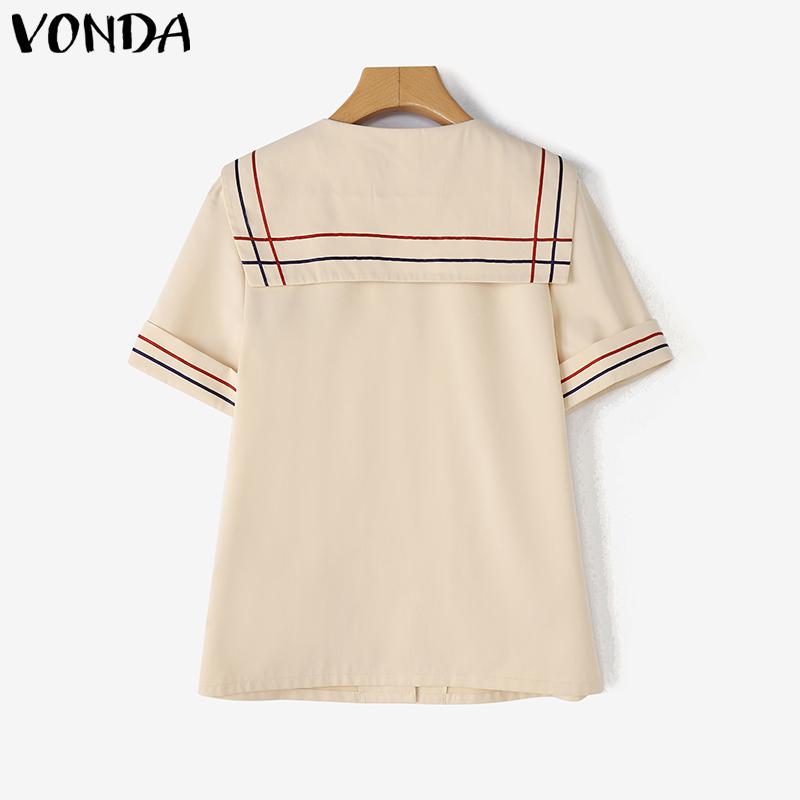 VONDA Summer Women Navy Neck Short Sleeve Stitching Striped Buttons Casual Blouse Tops