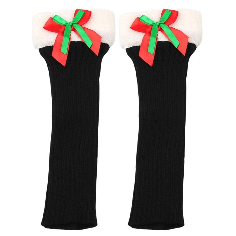 Ribbed Knitted Christmas Boot Cuffs for Women Sweet Bowknot Festival Plush Trim Leg Warmers Calf Socks for Cold Weather