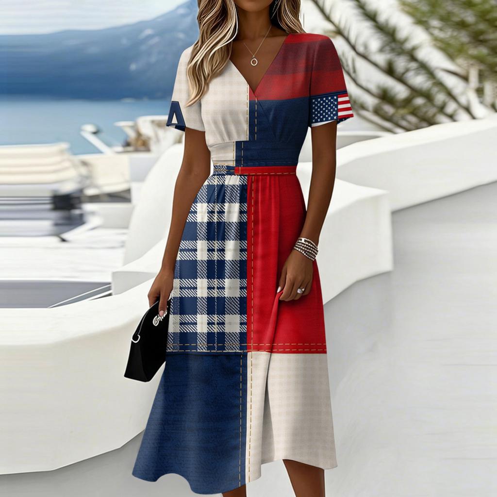 Women's Independence Day Print Casual Fashion Short Sleeve V-Neck Dress