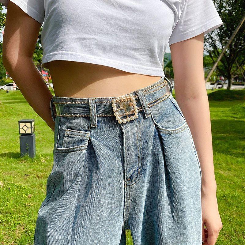 

Elegant Transparent Waist Belt For Women Featuring Decorative Pearls And Rhinestones For Stylish Denim Outfits Square Pearl Gold