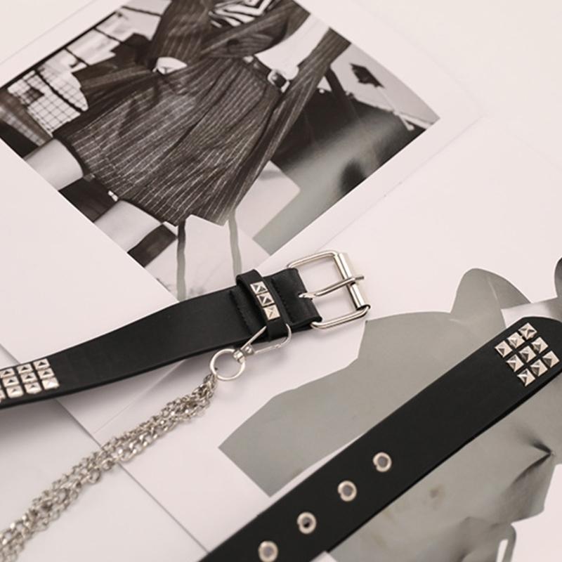 Pin Buckle Waist Belt for Dress Western Style Belt with Alloy Rivet & Dangle Chain Wide Waist Belt Ladies Skirt Belt