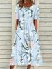 O Neck Print Flowe Dress Middle Waist Elegant Large Swing Type Dress for Women Short Sleeve Loose Dresses Causal Dress
