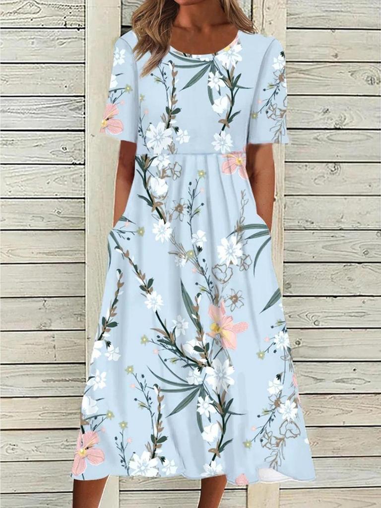 O Neck Print Flowe Dress Middle Waist Elegant Large Swing Type Dress for Women Short Sleeve Loose Dresses Causal Dress