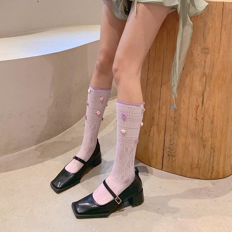 Rose Flowers Lace Socks for Women Summer Spring Sweet Lovely Breathale Cotton Middle Tube Socks Mesh Sock Girls Daily Hosiery