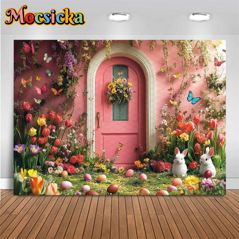 Mocsicka Spring Flowers Backdrop Photography Easter Egg Party Decors Portrait Birthday Background Door Bunny Photo Studio Banner6