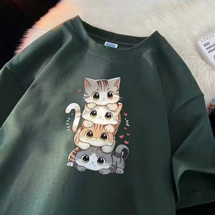 Unisex Summer Japanese Style Cat Print Loose Short Sleeve Tee