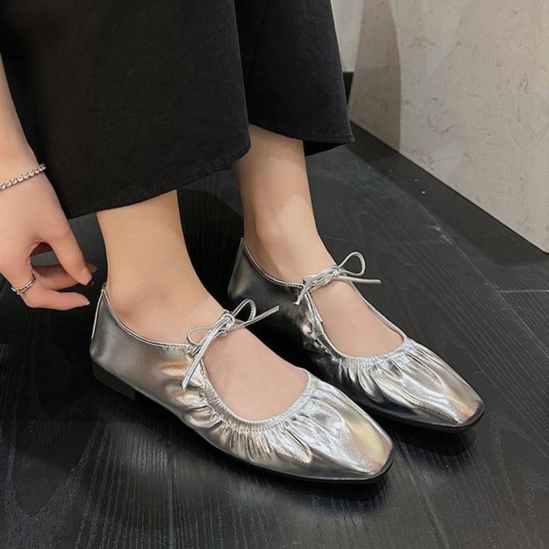 New Women's Soft Sole Ballet Flats Microfiber Leather Thin Shoes Fashion Square-toe Stretch Pleats Pumps Lace-up Mary Jane Shoes