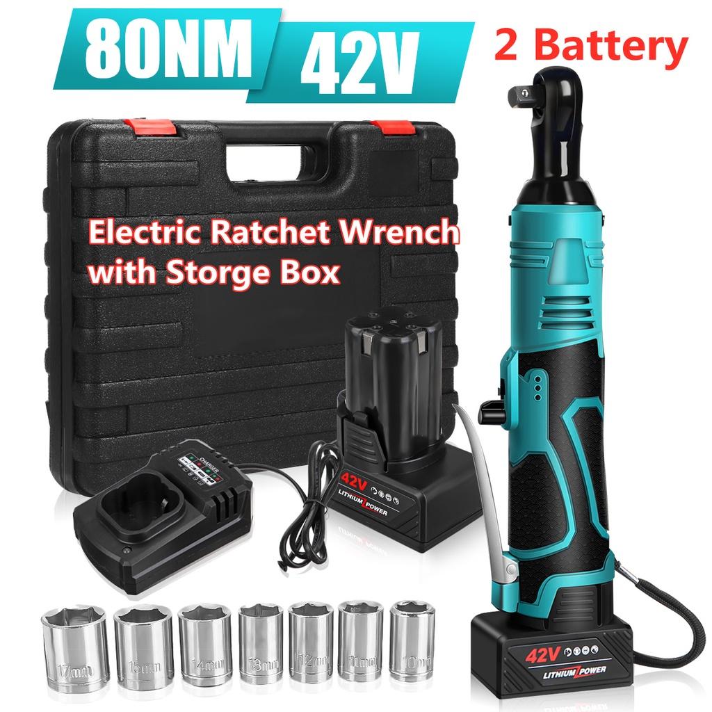 42V 3/8"" 110-240V 80N.m Power Tool Electric Ratchet Wrench with 2 Lithium-Ion Battery Charger Kit Rechargeable Cordless Electric Wrench