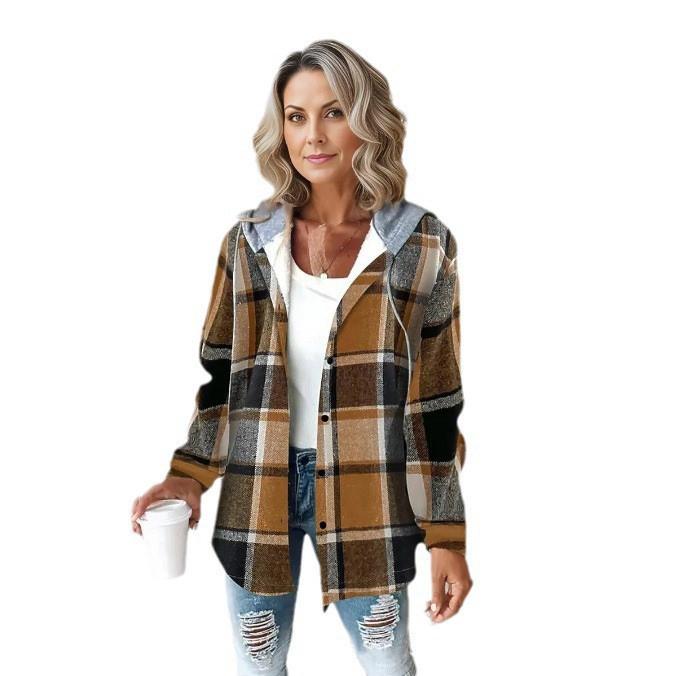 Womens Plaid Check Pattern Blend Coat With Hood For Casual Office Wear Spring