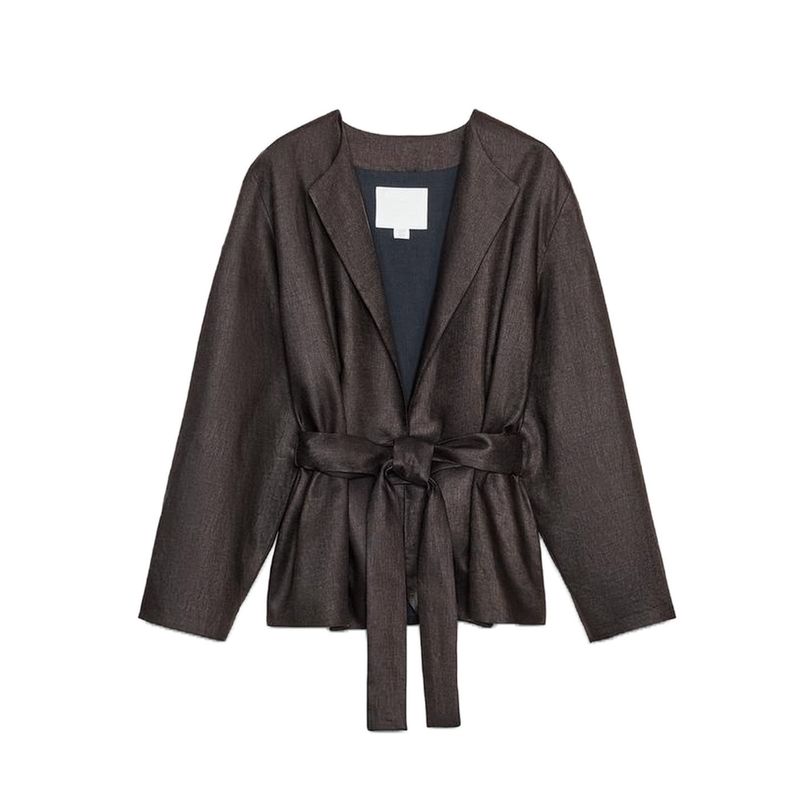 Linen Blend with Belt round Neck Kimono Coat 8426329 Balloon Mid Waist Pants 7627242