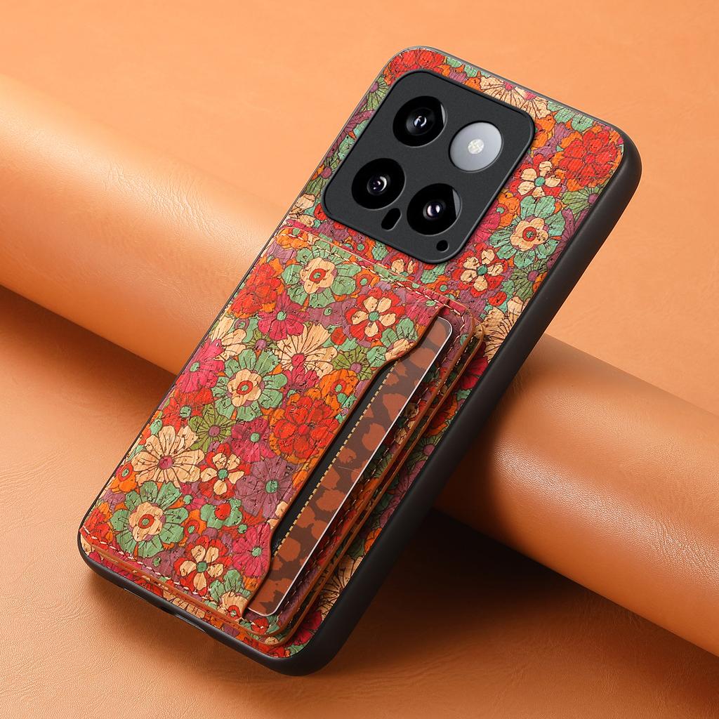 For Xiaomi 14 Case Card Slot Kickstand PU Covered Hybrid Phone Shell Floral Pattern