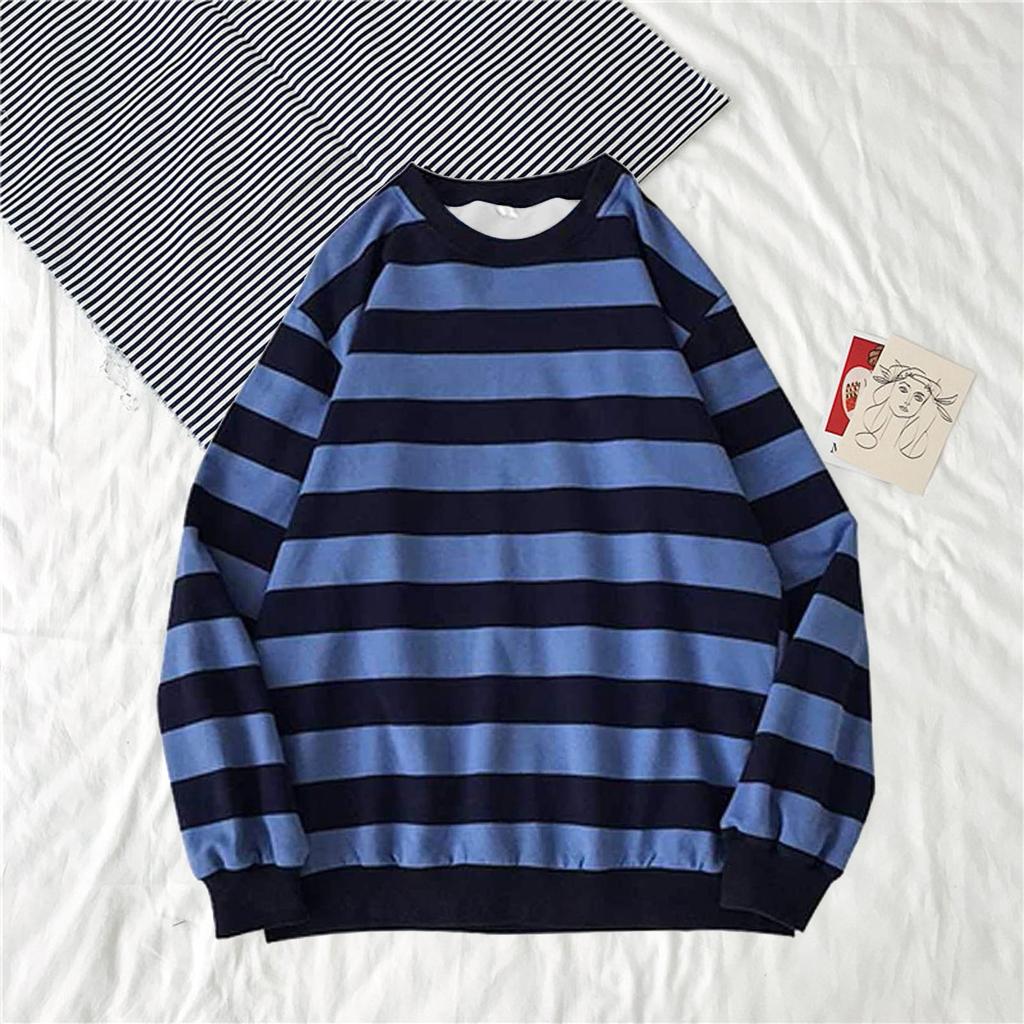 Men's Autumn Winter Round Neck Stripe Sweatshirt Pullover Tops Long Sleeved