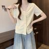 Women Beige V Neck Ruched Button Down Short Sleeve Top