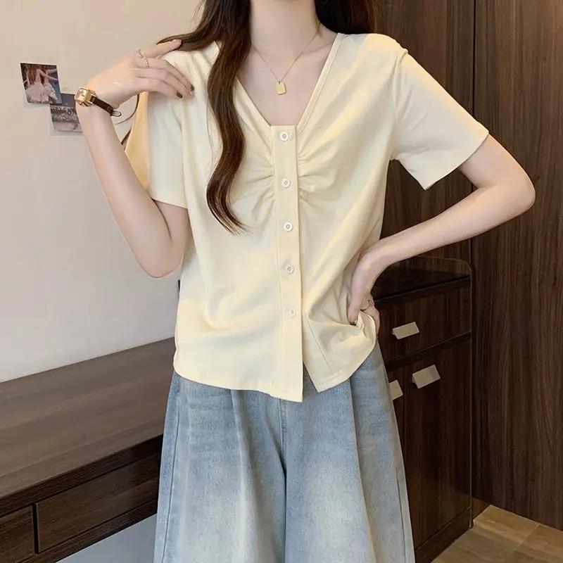 Women Beige V Neck Ruched Button Down Short Sleeve Top