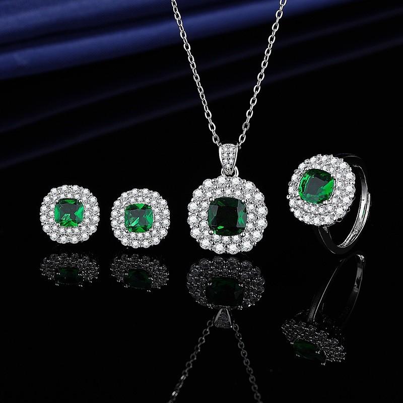 Elegant CZ Gemstone Pendant Necklace Set With Earrings Ring Women Blue Red Yellow Green Purple White Zircon Jewelry