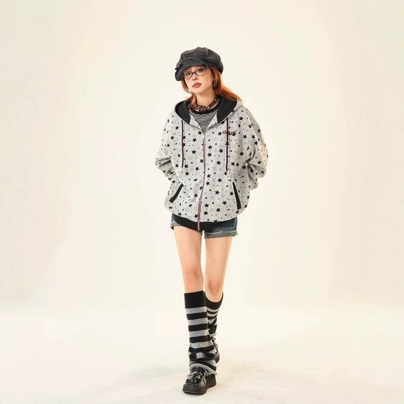 Womens Vintage Star Print Gray Zip-Up Hoodie Loose Casual Sweatshirt
