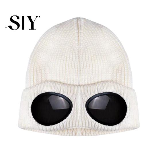 Outdoor Winter Hat Knitting Solid Color Warm Knitted with Glasses Decor Elastic Windproof Travel Cycling Daily Wear