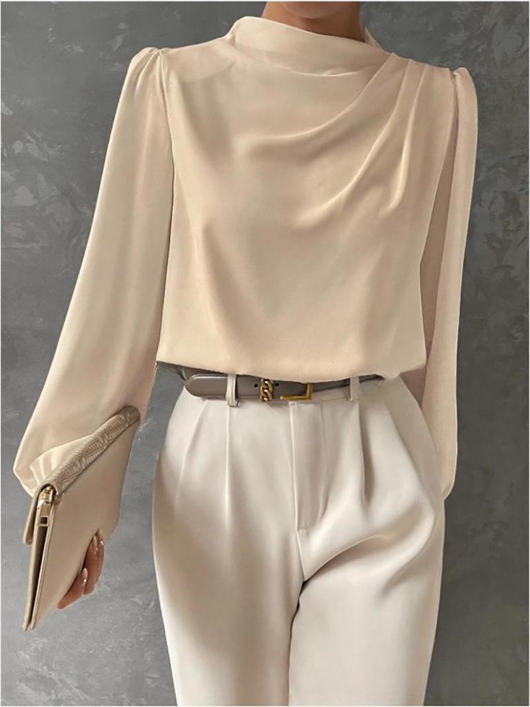 Solid Color Ruched Satin Pullover: Women's European and American Style Long-Sleeved Shirt