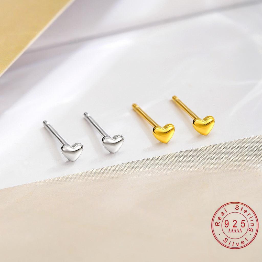 Dainty 925 Sterling Silver Heart Stud Earrings | Simple Smooth Love Heart Earrings | Real Silver Everyday Jewelry for Her Gold