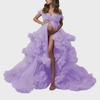Off-Shoulder High Waist Maternity Gown with Front Slit and Puffy Tulle Skirt