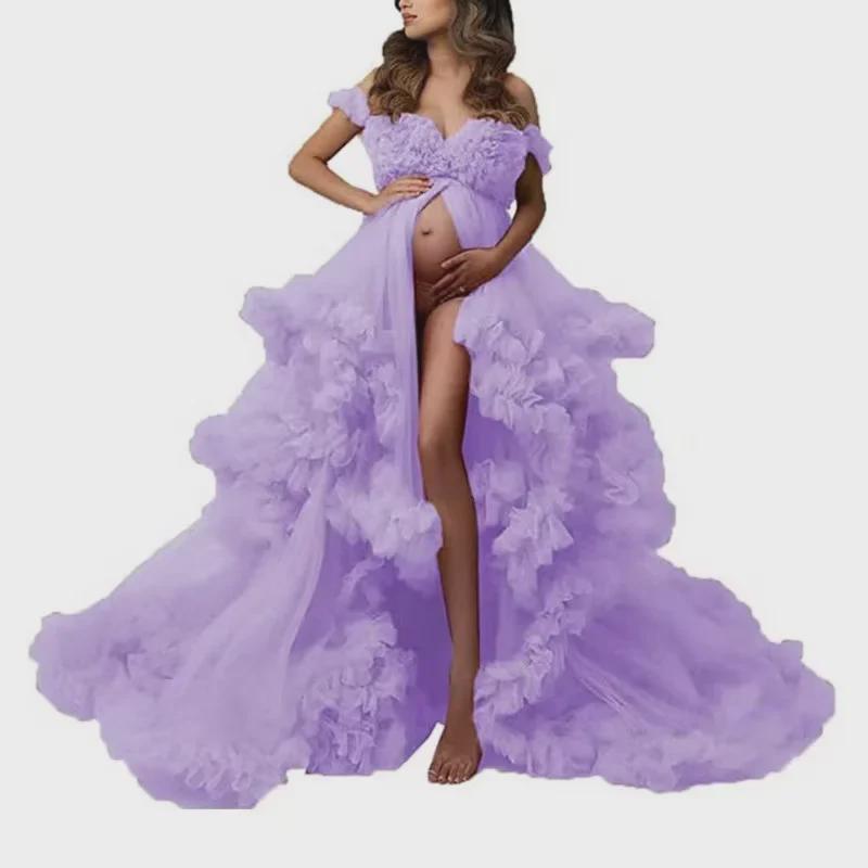 Off-Shoulder High Waist Maternity Gown with Front Slit and Puffy Tulle Skirt