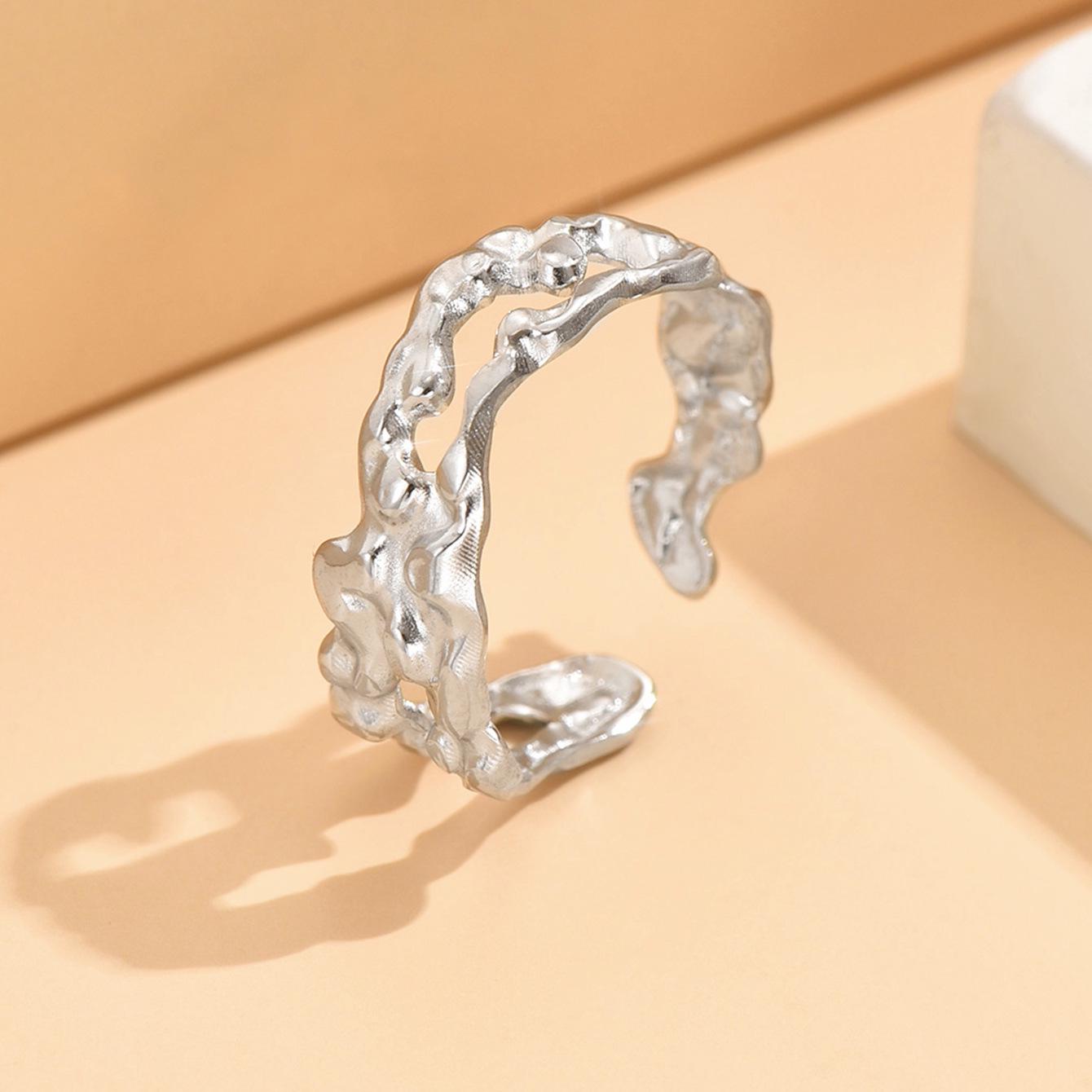 Retro Irregular Lava Pleated Texture Adjustable Stainless Steel Ring