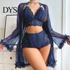 See Through Sleepwear Sexy Mesh Set, Women Lace Kimono Robe with Sheer Bra & Panty, Three Piece Nightgown for Ladies Nightwear
