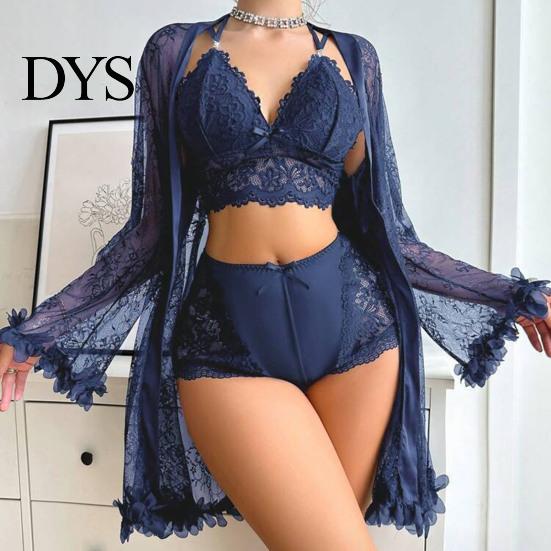 See Through Sleepwear Sexy Mesh Set, Women Lace Kimono Robe with Sheer Bra & Panty, Three Piece Nightgown for Ladies Nightwear