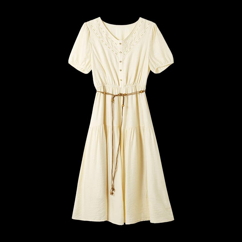 Women's Summer V-Neck A-Line Short Sleeve Tie-Waist Dress