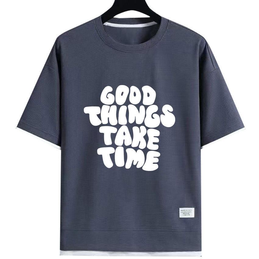 Mens T-shirt Summer Short Sleeves Waffle Tops Tee Shirt Polyester Round Neck Letter Printed Casual Tshirt Unisex Streetwear