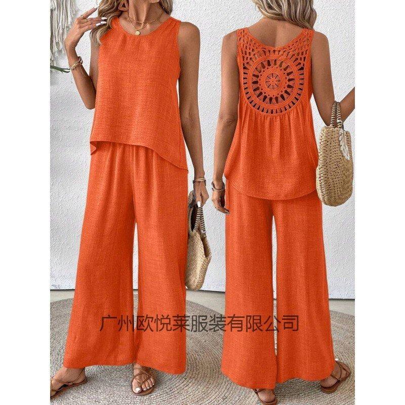 Casual Fashion Temperament New Solid Color Back Hollow Flower Suit