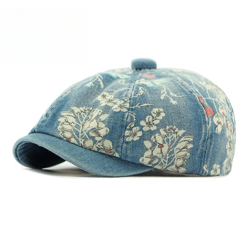 Vintage Floral Printed Denim Newsboy Hat Unisex Octagonal Baker Boy Cap Korean Beret Peaked Hat for Men Women