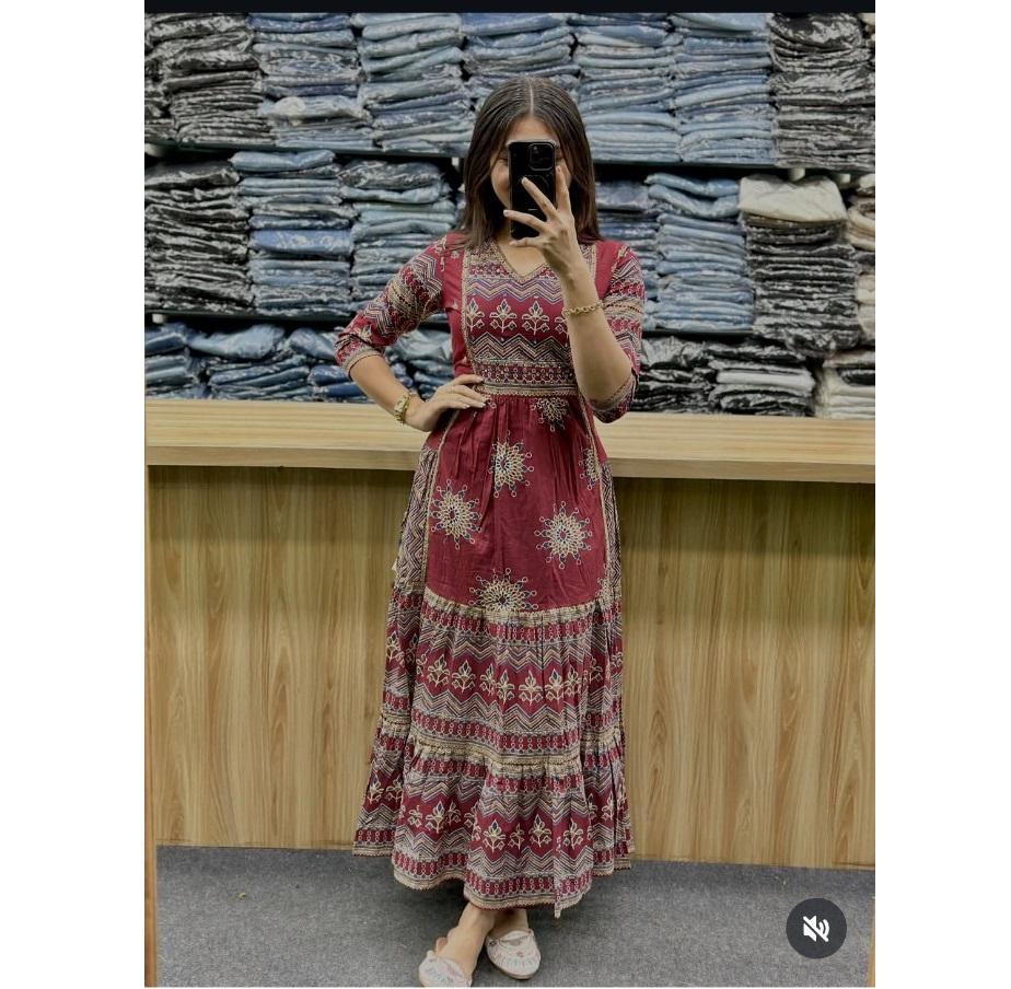 Women Bollywood Printed Cotton Anarkali Kurta Pant Dupatta Set Indian Designer Top Tunic Salwar Suit