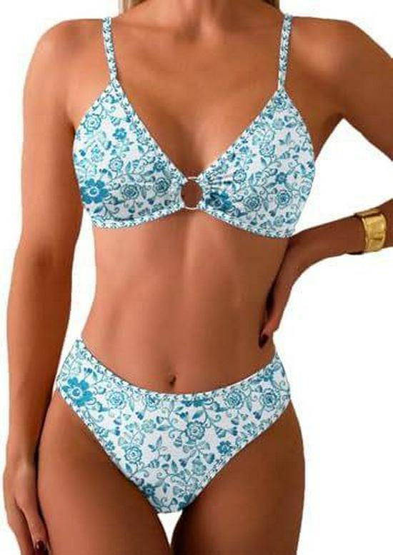 Verspielter Floral 2025O Damen Zweiteiliger Bikini mit Ring-Verknüpftem Dreiecksdesign