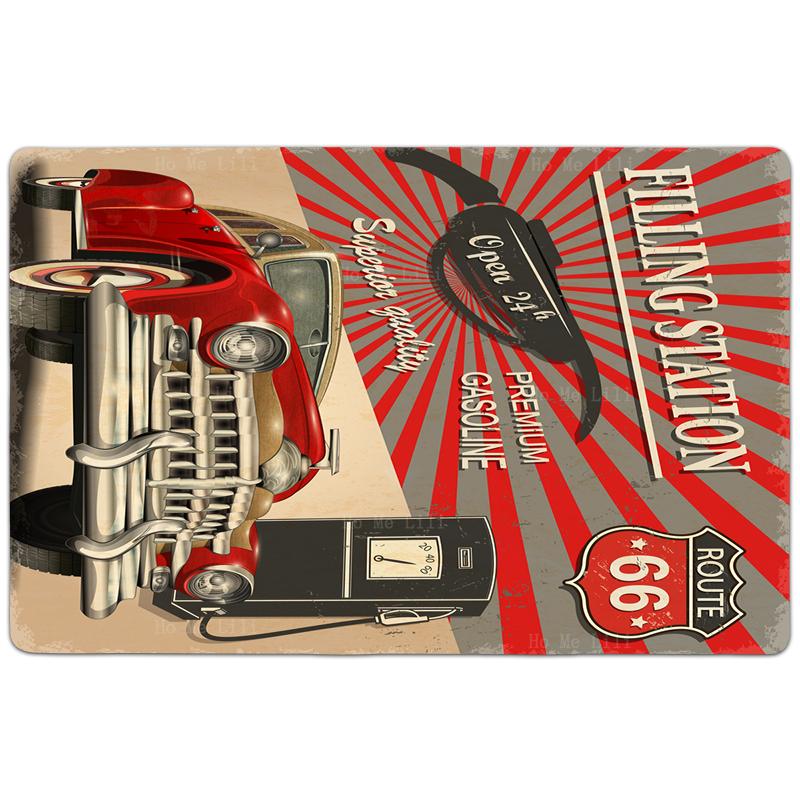 Vintage Auto Metallschilder Garage Hot Rod Tankstelle Mit Roter Limousine Retro Teppich Von Ho Me Lili Für Haus Boden Dekor Teppich