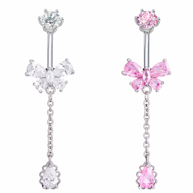 Zircon Belly Button Rings Stainless Steel Butterfly Heart Navel Piercing Shiny  Belly Ring For Women Body Jewelry