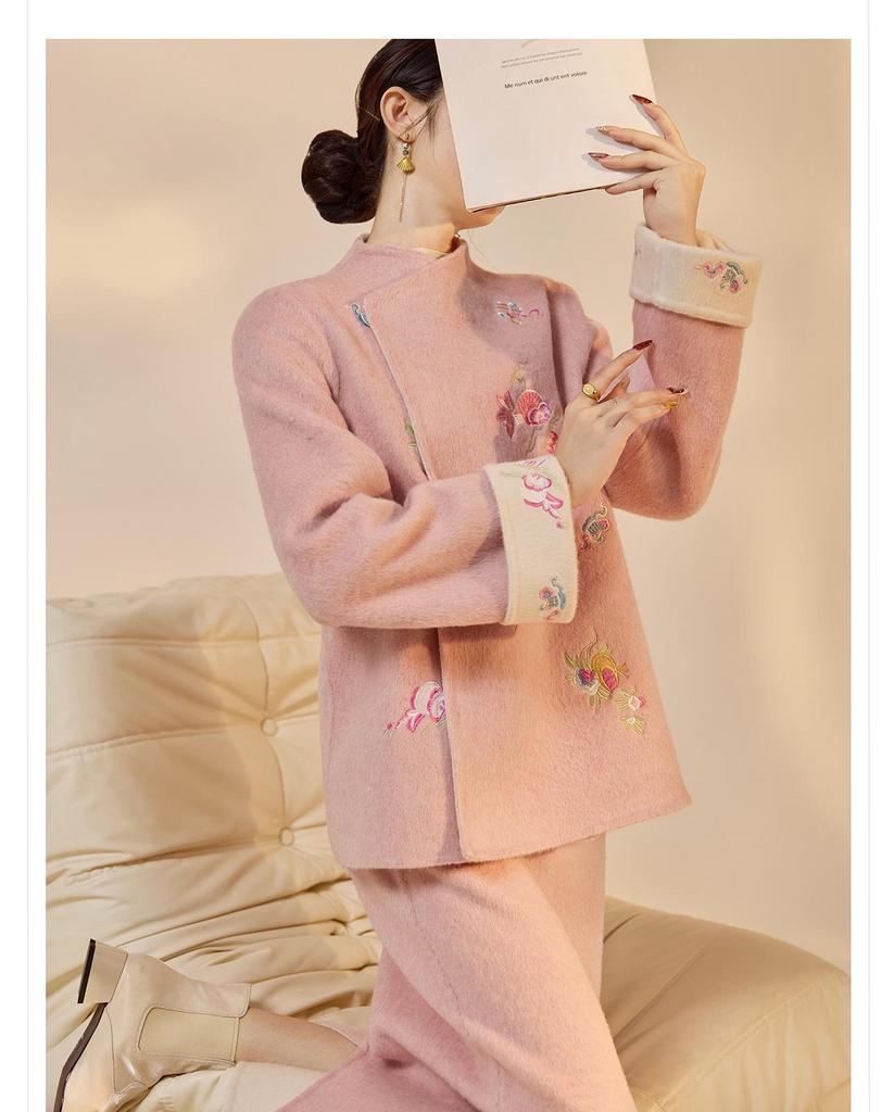 New Chinese Embroidered Wool Coat & Skirt Set - Women's NY027