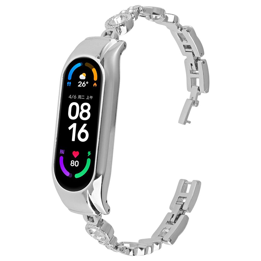 

For Xiaomi Mi Band 7 Bling Band Rhinestones Decor Stylish Metal Wristband Silver