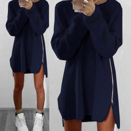 Women Dress Solid Color Sideway Zip Sexy Long Sleeve O Neck Mini Sweater Dress for Spring
